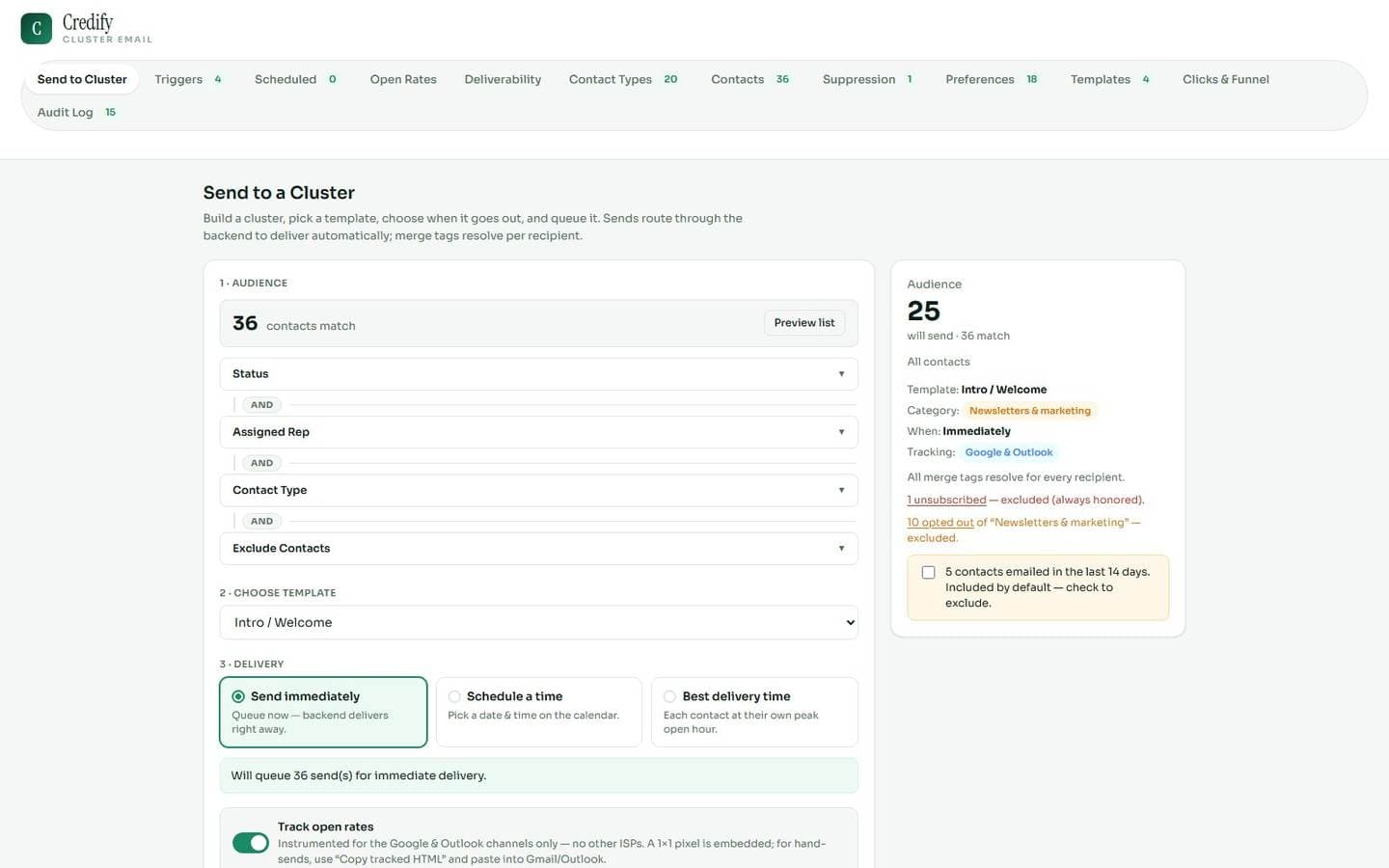 Email and SMS outreach, shown in Credify
